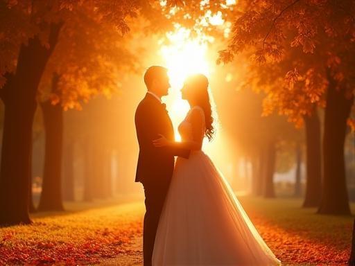 Beautiful wedding photo from Sofia Gardens, couple under autumn trees with lens flare