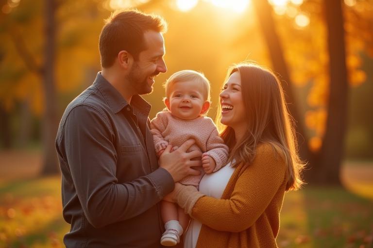 Family laughing outdoors in a park with autumn colors