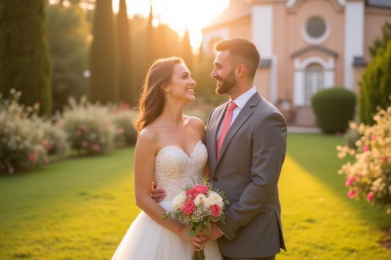 Joyful wedding couple outdoors in a sunlit garden